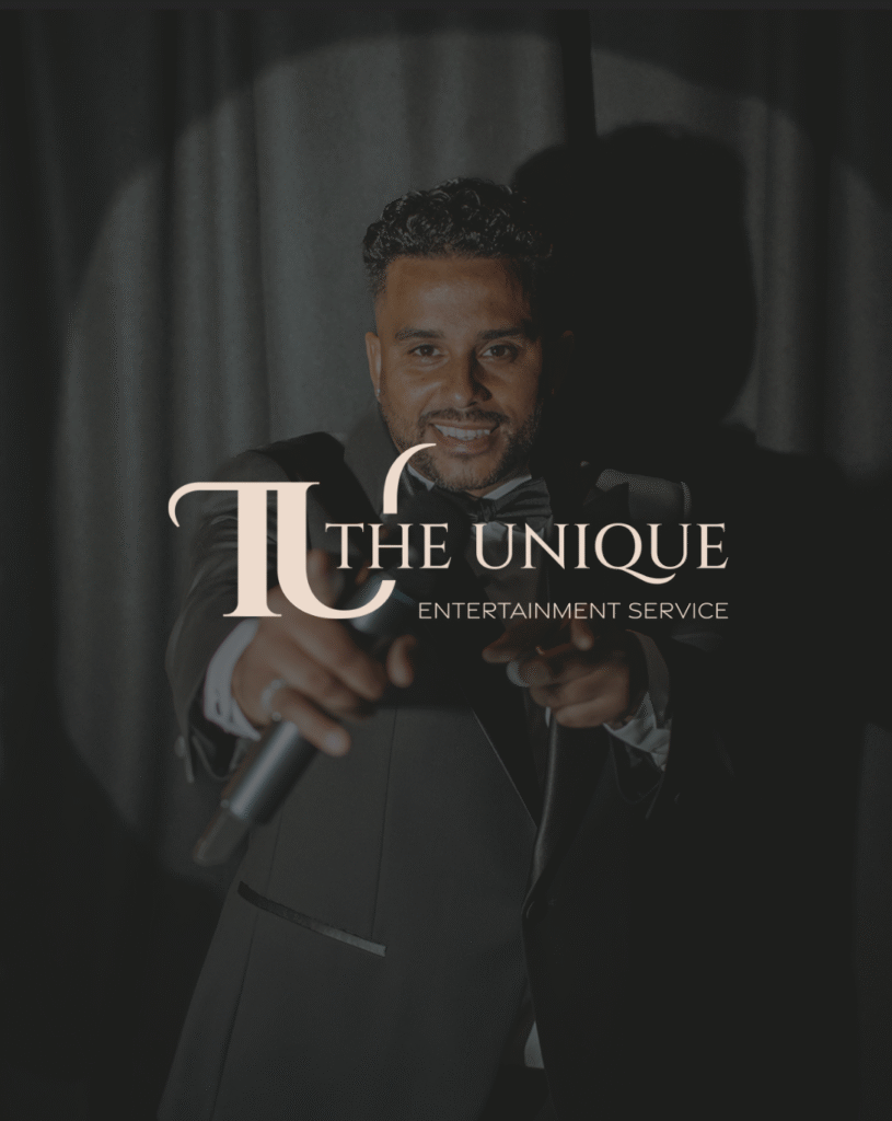 branding of a man in a suit holding a microphone with an overlay of their logo 'the unique entertainment service' in cream