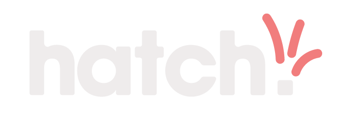 Logo for 'hatch' with playful, rounded cream letters on a transparent background. Three coral-colored curved lines resembling 'hatch' or 'bursting' marks appear to the right of the text.