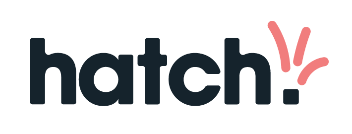 Logo for 'hatch' with playful, rounded navy letters on a transparent background. Three coral-colored curved lines resembling 'hatch' or 'bursting' marks appear to the right of the text.